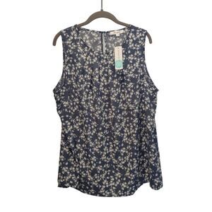 NWT Monday Fun Stitch Fix Sz 1X Blue Floral Aliza Pleated Neck Sleeveless Blouse